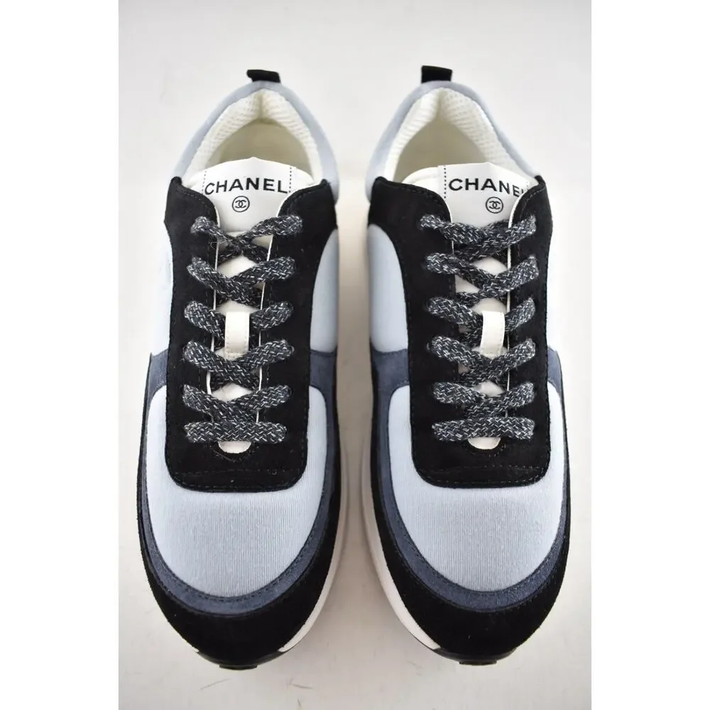 Chanel 22B Black Blue White CC Logo Suede Lace Up Flat Runner Trainer Sneaker 40
